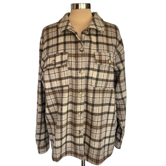 First Love Jackets & Blazers - First Love Wool Blend Brown Plaid Shacket LARGE Thick Country Chores Gorpcore
